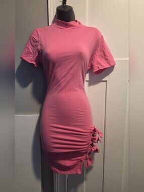 Pink Mock Neck Ruched Side-Tie Bodycon Dress